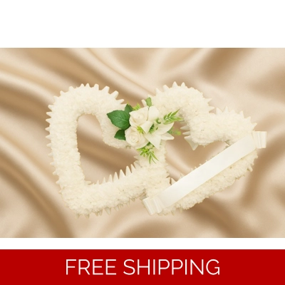 Artificial Double Heart Funeral Tribute – White with Custom Ribbon